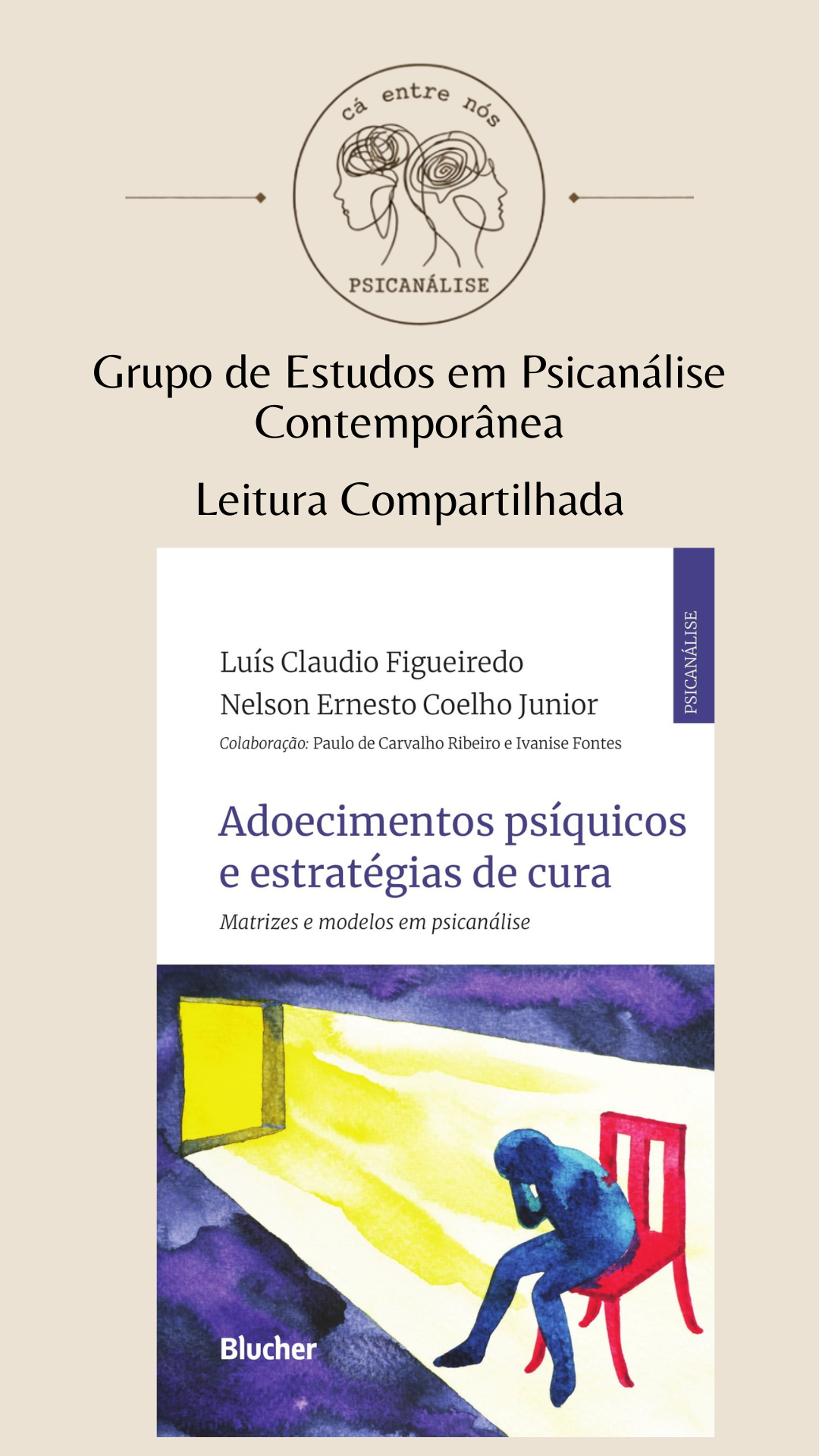 Cartaz do grupo de estudos com a capa do livro Adoecimentos psíquicos e estratégias de cura